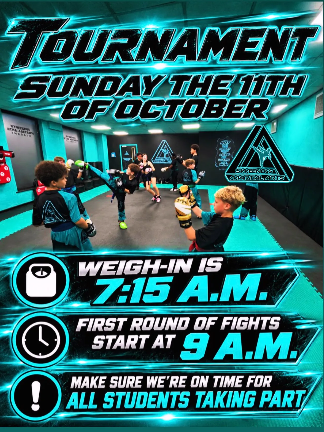 Tournament day poster, with weigh-in and first fight times