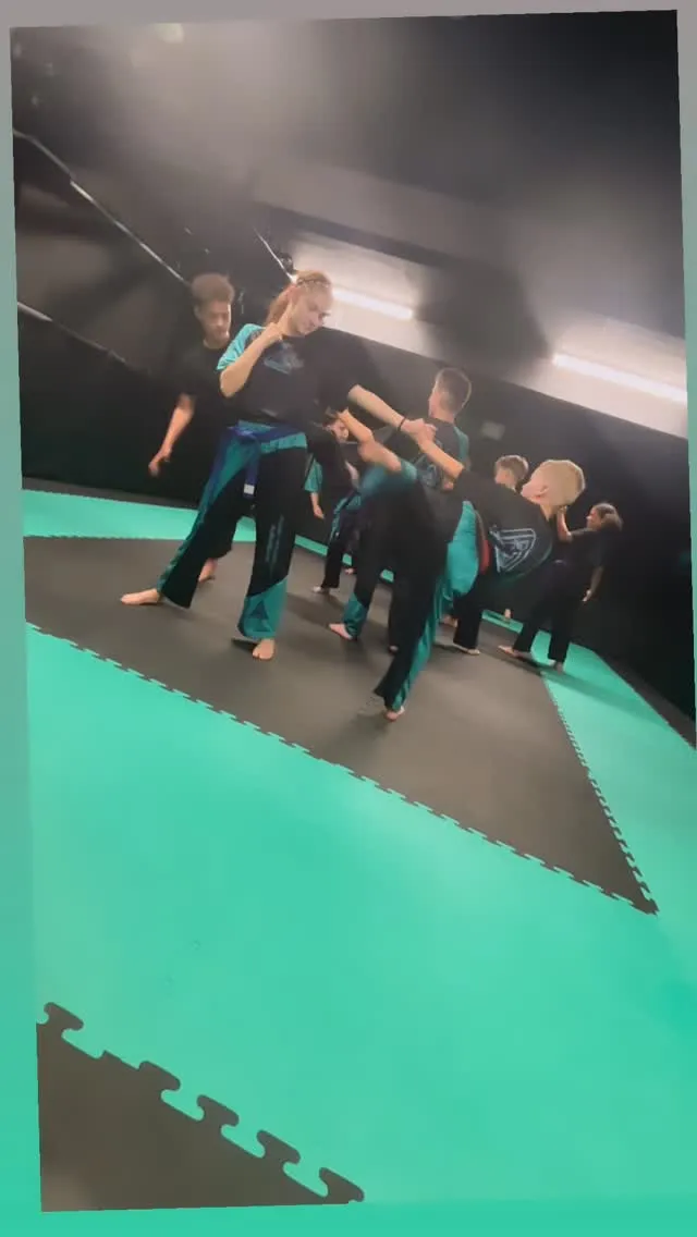 Students practising kicks in pairs on the mats