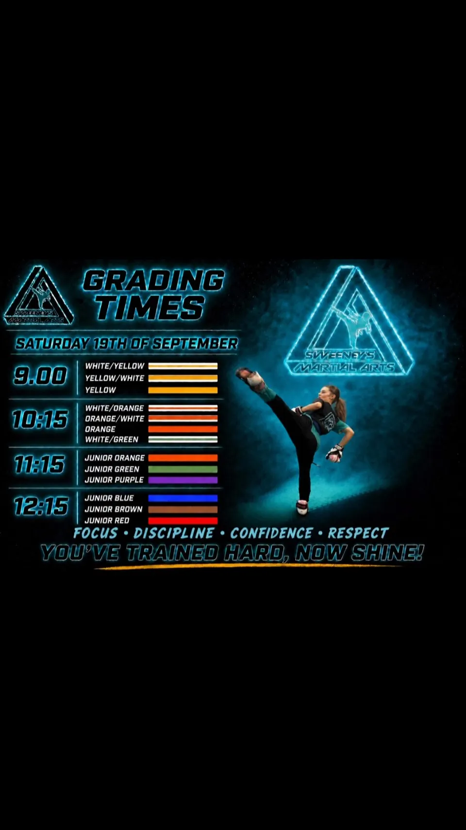 Grading times poster, listed by belt colour